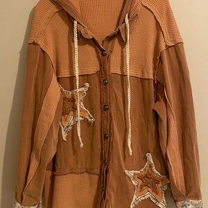 POL Distressed Hoodie Star Patch Utility Jacket in Brown